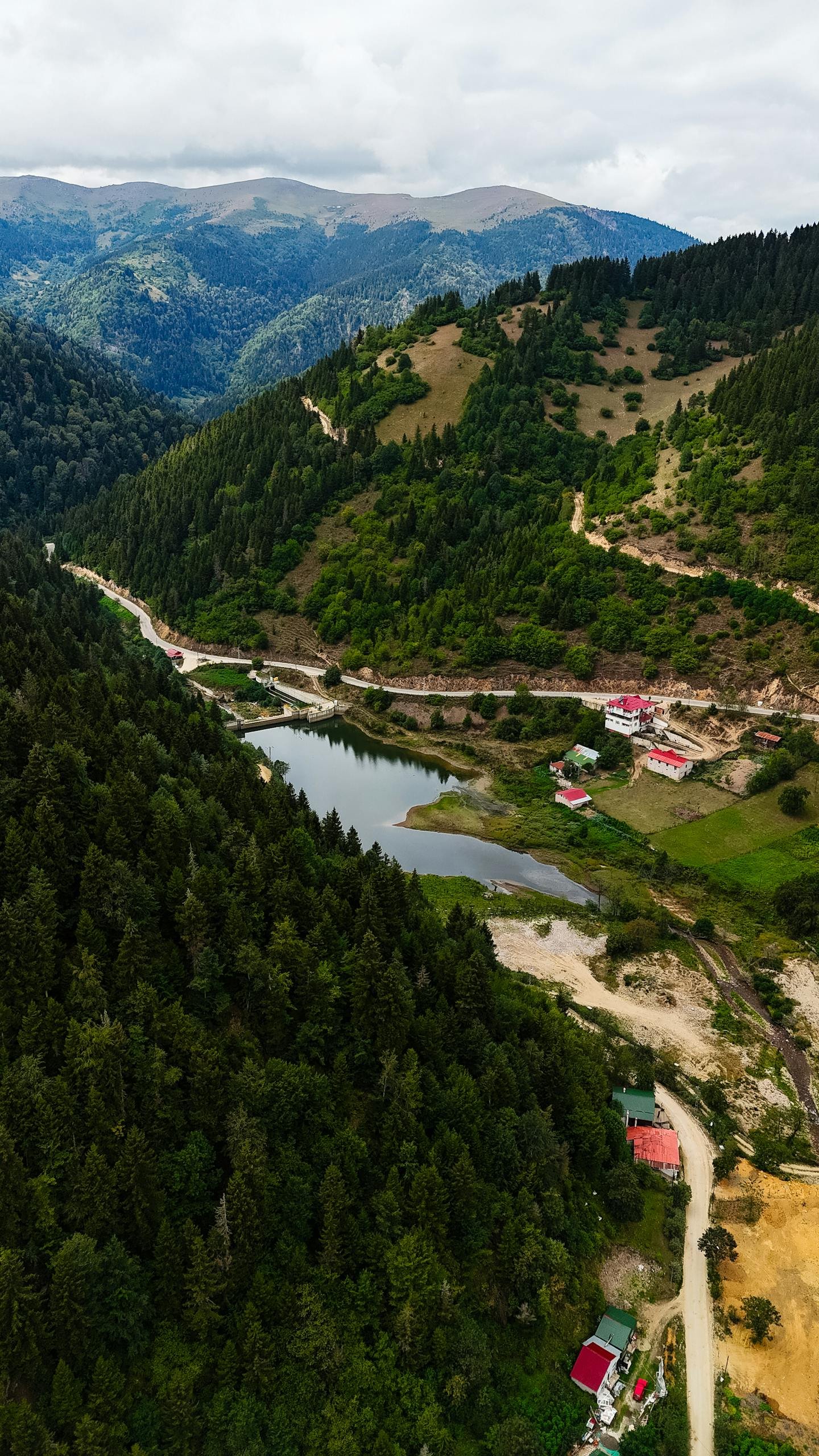 A breathtaking aerial view of a lush mountain landscape featuring dense forests and serene water bodies.