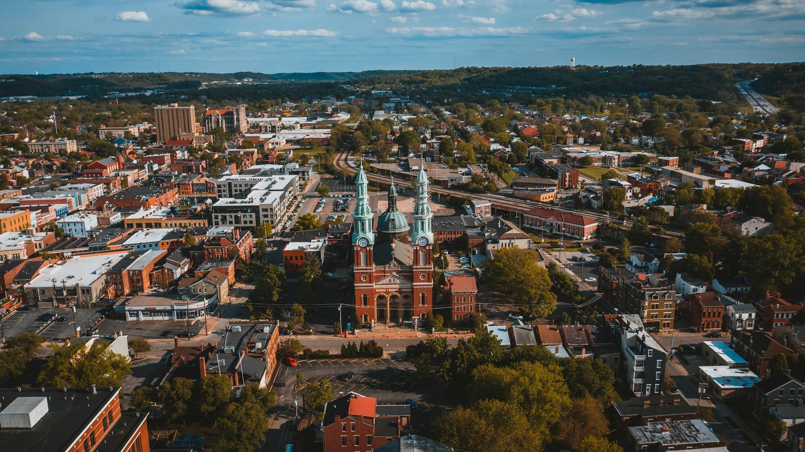 Aerial view of the historic district in Covington, KY showcasing architecture and urban landscape.