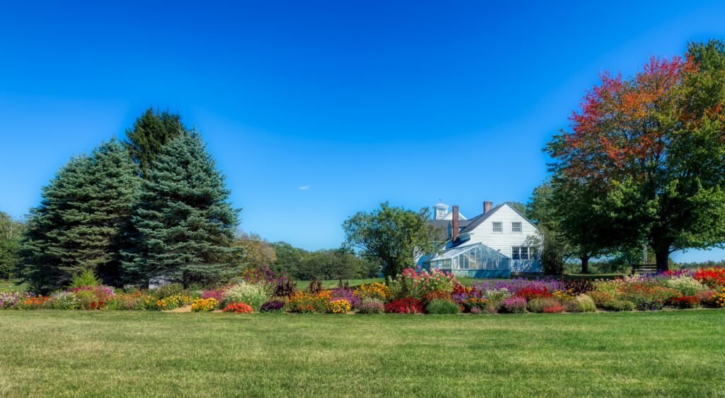 A white farmhouse set back on a mown lawn behind flowering beds and evergreens