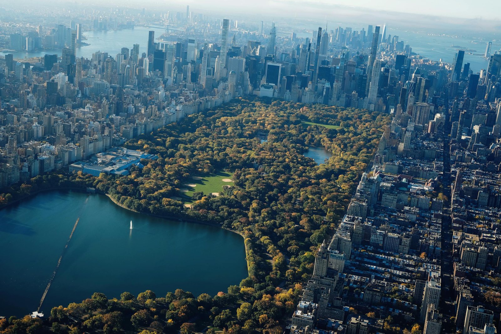 Stunning aerial shot of Central Park and the Manhattan skyline in New York City.