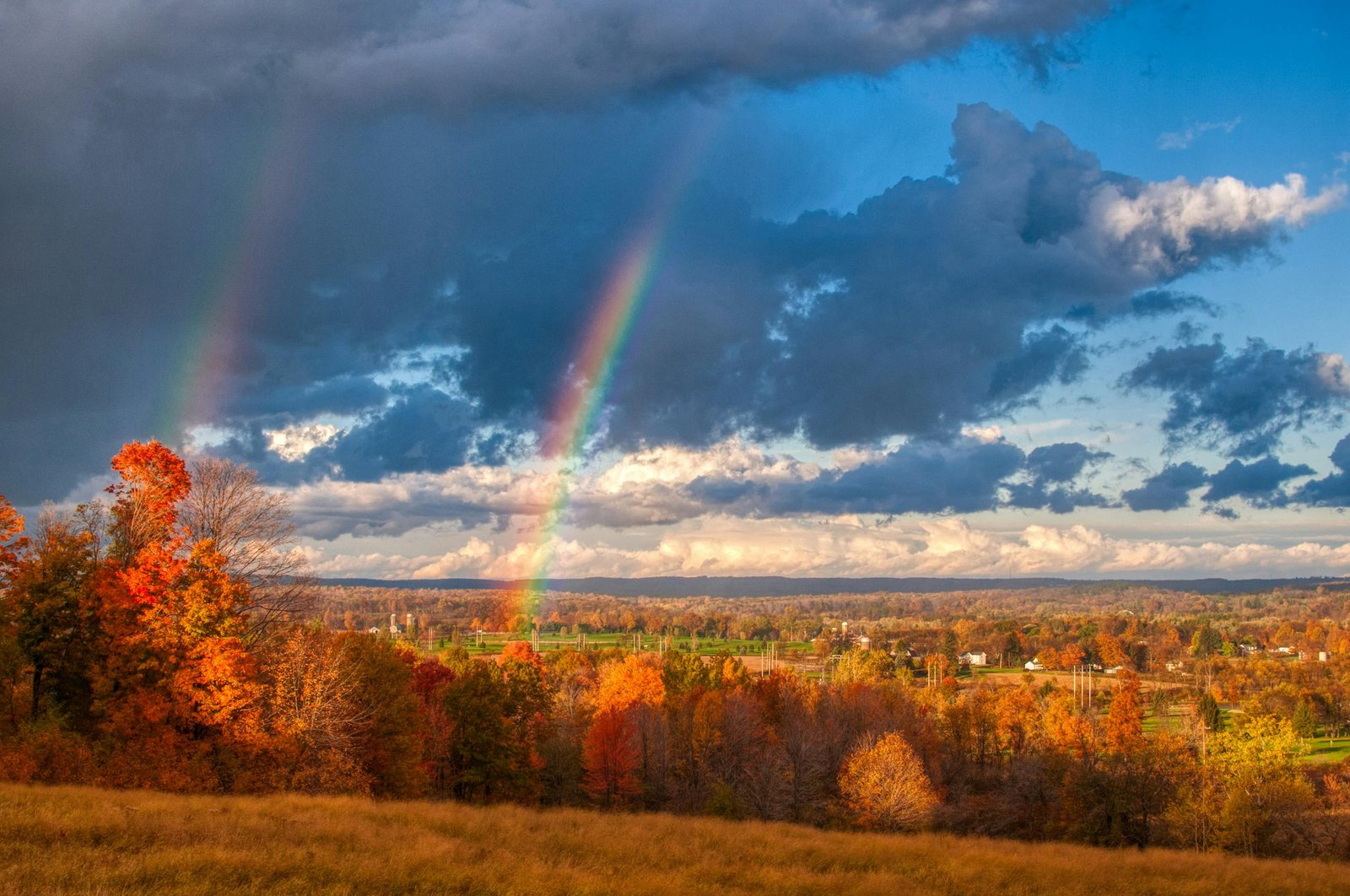 Stunning fall foliage with a double rainbow over Venango, Pennsylvania.