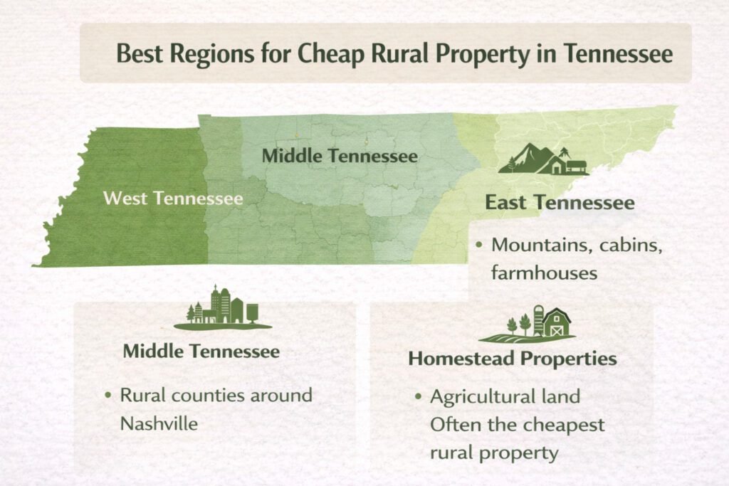 best regions to find cheap rural property in Tennessee map infographic