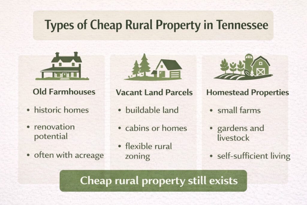 types of cheap rural property in Tennessee infographic
