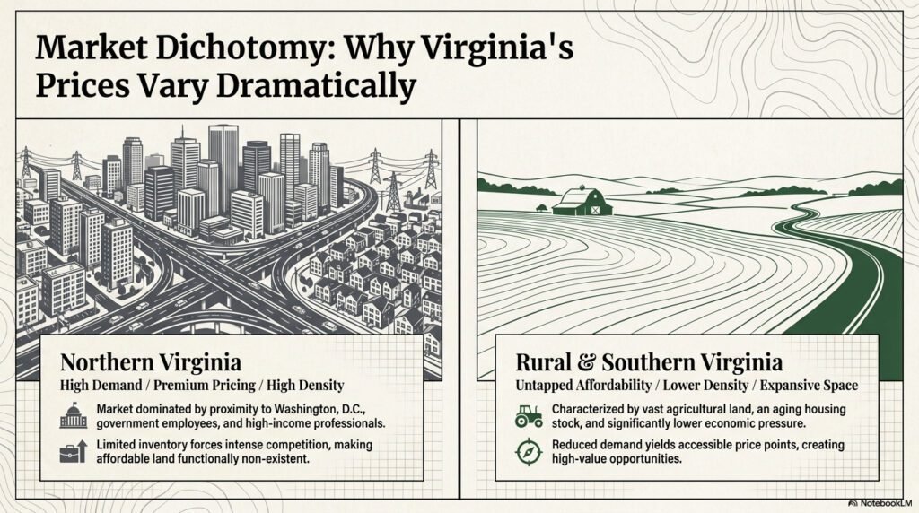 Illustration comparing high-density Northern Virginia urban areas with low-density rural and Southern Virginia landscapes.
