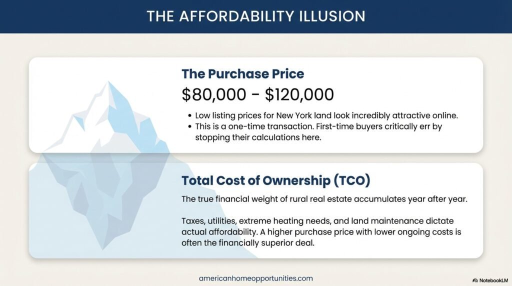 Infographic showing the 'Affordability Illusion' where purchase price is just the tip of the iceberg compared to the total cost of ownership in New York.