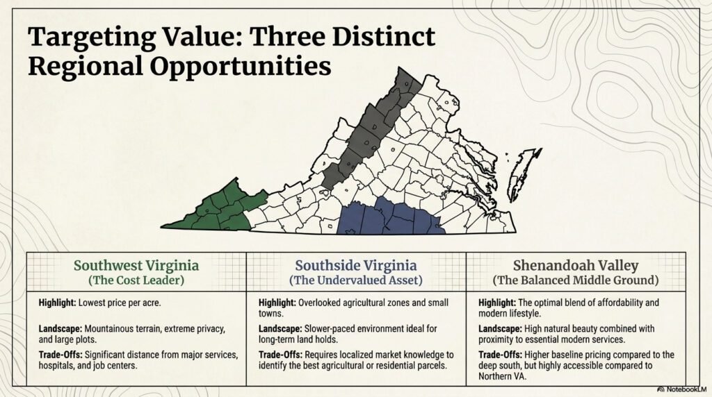 Map of Virginia highlighting Southwest Virginia, Southside Virginia, and the Shenandoah Valley as key value areas.