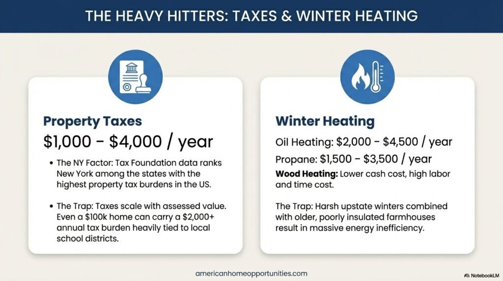 Chart detailing New York property tax ranges and annual heating costs for oil, propane, and wood.