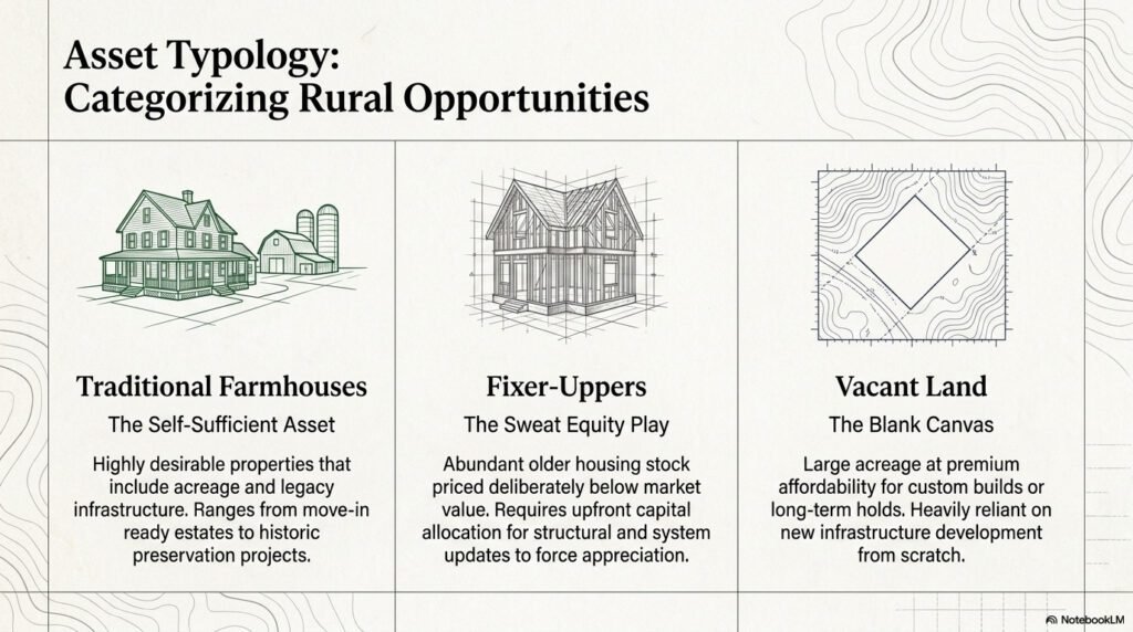 Icons representing traditional farmhouses, fixer-uppers, and vacant land in rural Virginia.