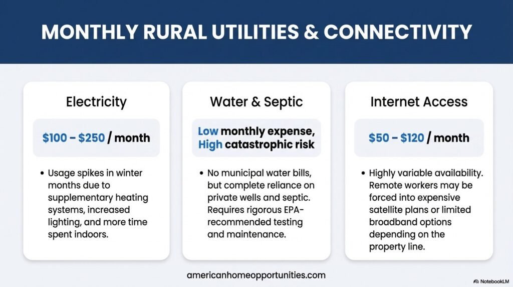 Monthly costs for electricity, water/septic risks, and internet availability in rural New York regions.