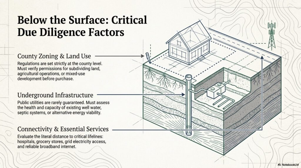 Diagram showing underground infrastructure, zoning, and connectivity factors for rural property.