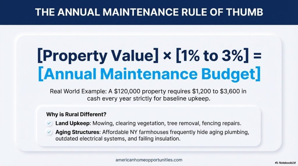  Diagram explaining the 1% to 3% annual maintenance rule for rural New York properties.