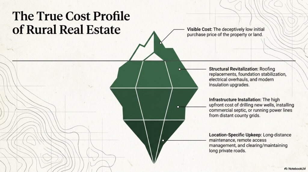 Iceberg infographic showing visible purchase price vs. hidden costs like infrastructure and structural revitalization.