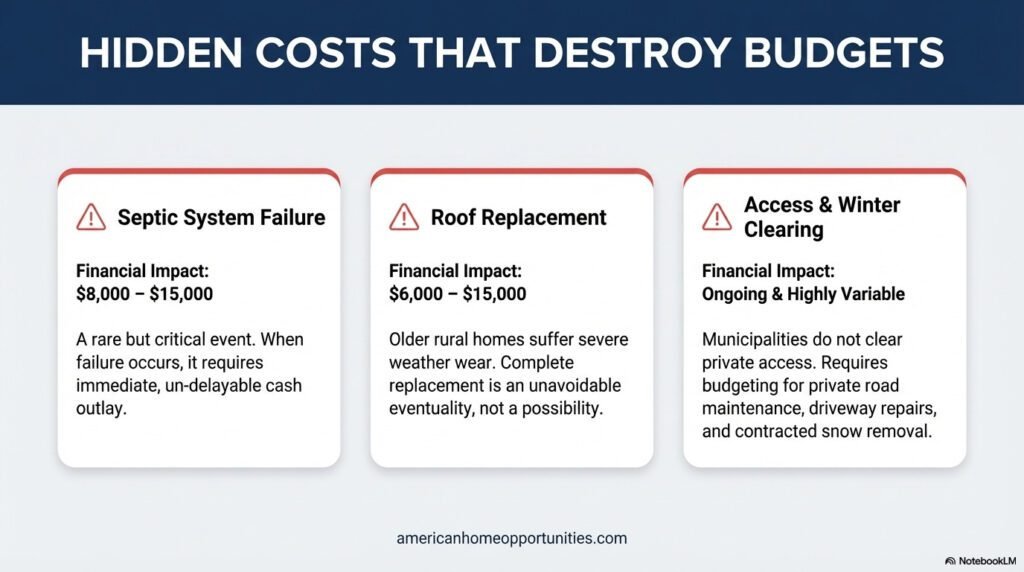 List of high-impact hidden costs including septic failure, roof replacement, and private road snow removal.