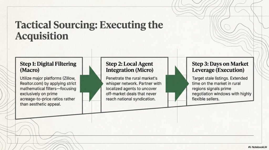Flowchart showing three steps: Digital Filtering, Local Agent Integration, and Days on Market Leverage.