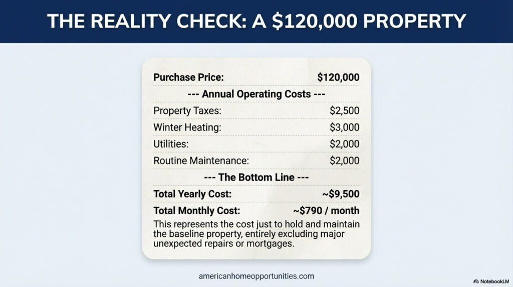 Financial breakdown showing a $9,500 total annual operating cost for a $120,000 rural property in NY.