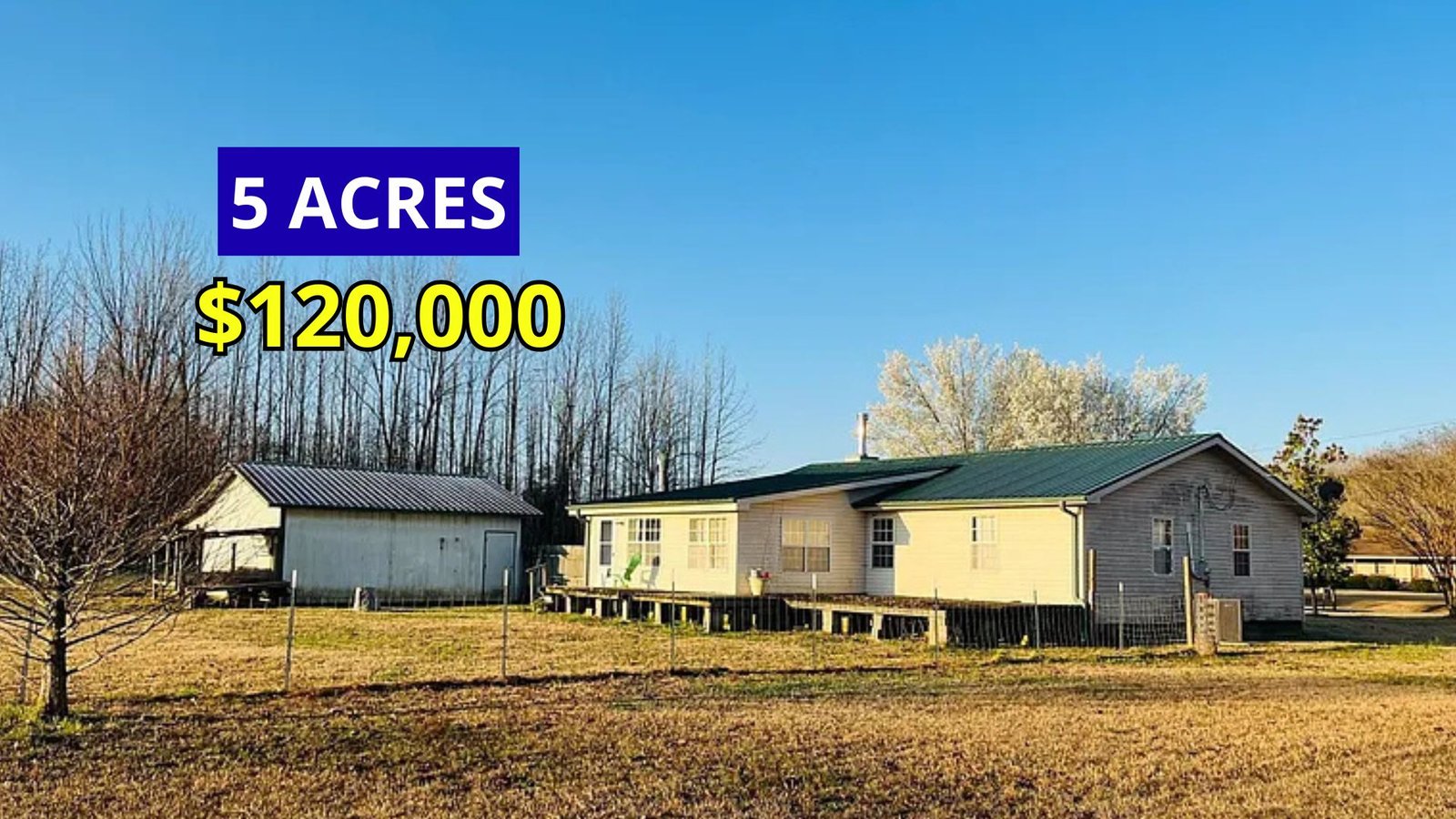 Exterior view of a rural home on 5 acres with two ponds for sale at $120,000 in Middleton, Tennessee