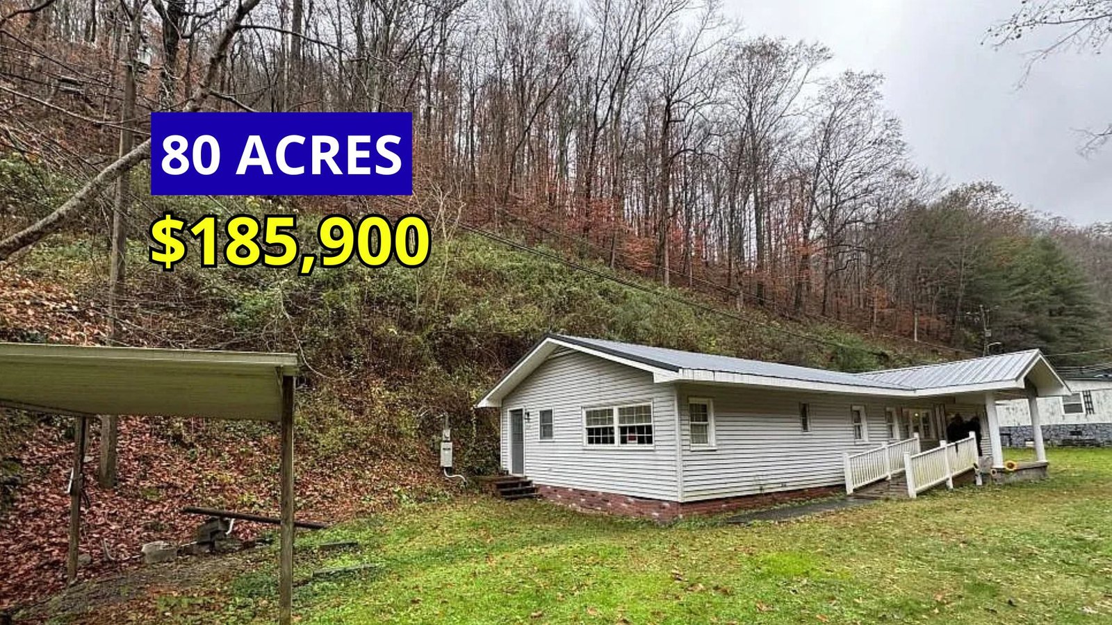 Exterior view of a fully renovated home on 80 wooded acres for sale at $185,000 in Fedscreek, Kentucky