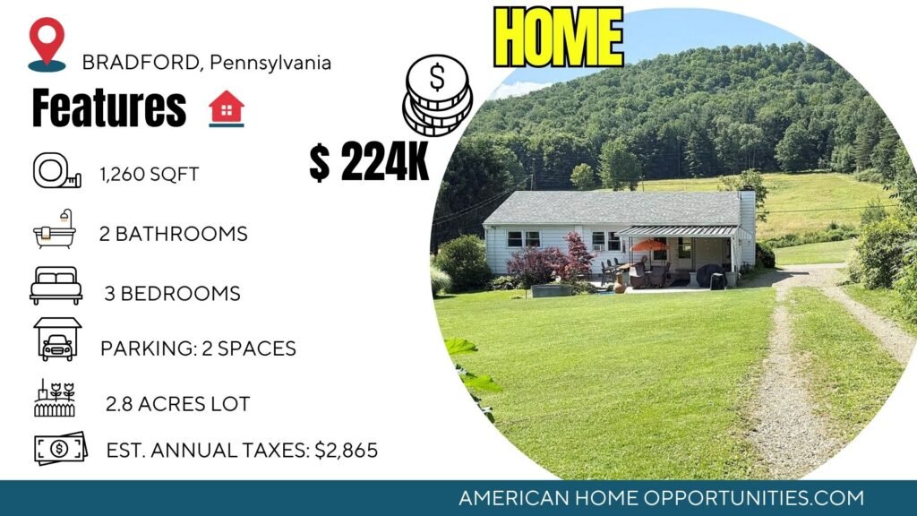 affordable farmhouse in Pennsylvania with 2.85 acres farmette in Bradford with barns and open land