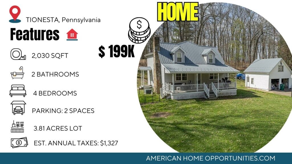 farmhouse in Pennsylvania with 3.8 acres bordering forest land near Tionesta and outdoor recreation