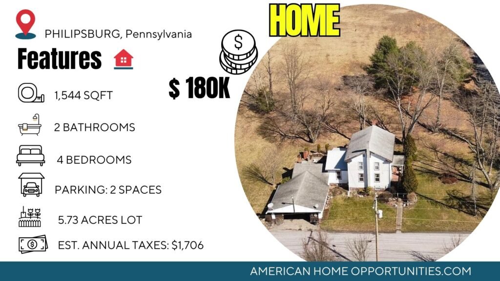 farmhouse in Pennsylvania with 5.7 acres of land near Philipsburg with open rural setting