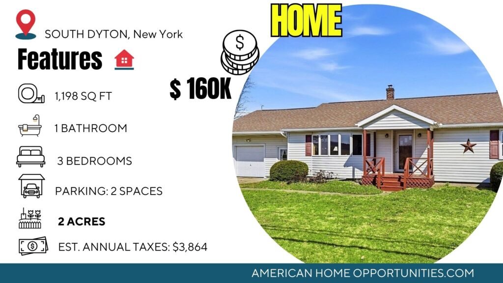 Cheap farmhouse in South Dayton New York with 3 bedrooms and 2 acres with barn and shed