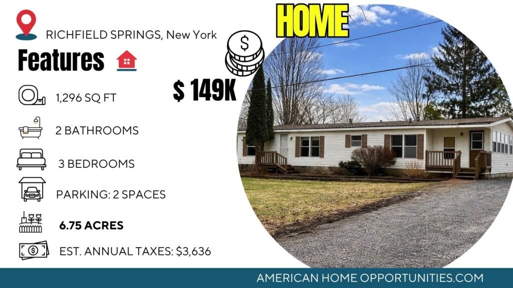 Cheap farmhouse in Richfield Springs New York with 3 bedrooms and 6.75 acres updated home