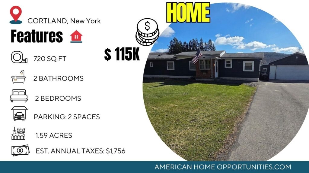 Cheap farmhouse in Cortland New York with 2 bedrooms and 1.6 acres with garage and basement