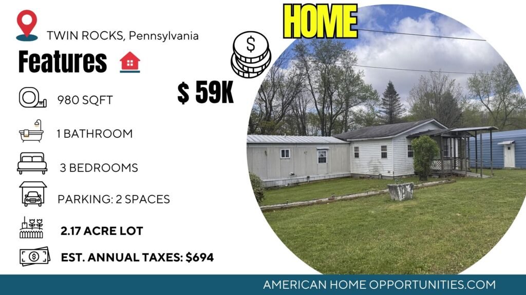 farmhouse in Pennsylvania with 2 acres near stream in Twin Rocks rural setting
