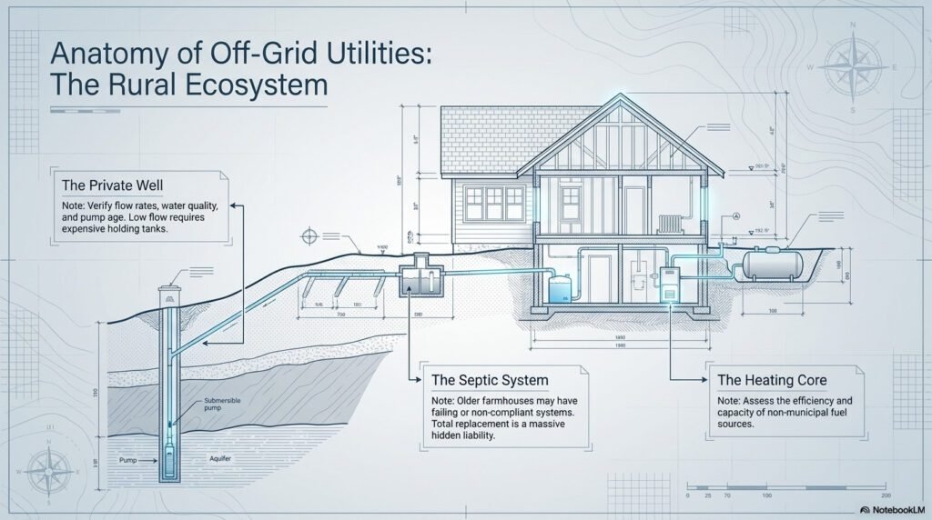 Technical diagram showing the components of a rural property ecosystem, including the private well, septic system, and heating core