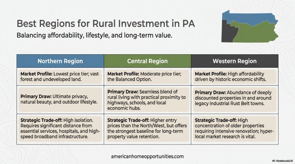 Map-based infographic highlighting Northern, Central, and Western Pennsylvania regions for affordable rural investment.