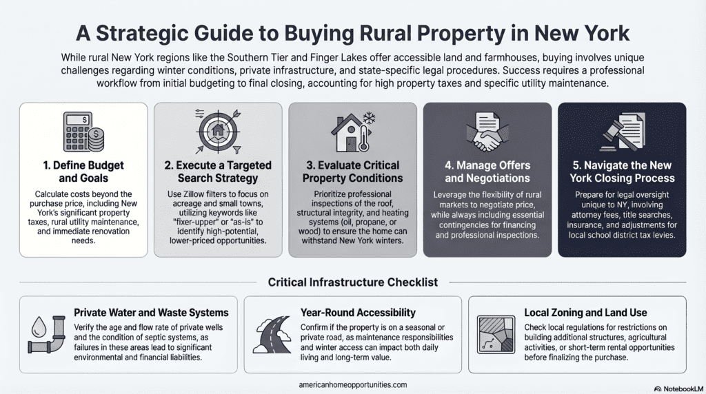 Infographic showing the 5 steps to buy rural property in NY: budget, search, condition check, offer, and closing.