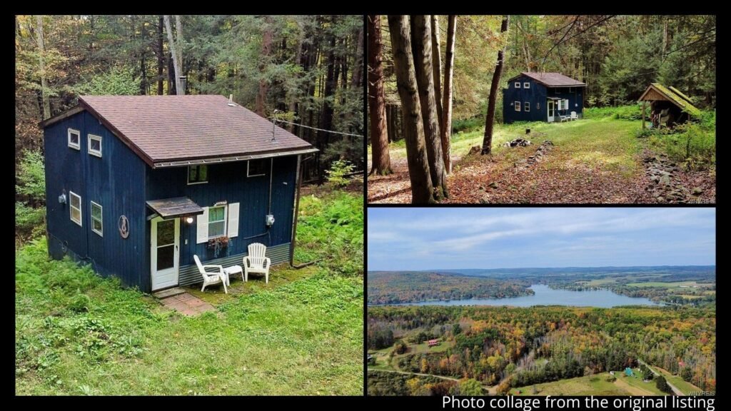 Exterior of farmhouse with land in Caneadea New York showing wooded 3 acre lot