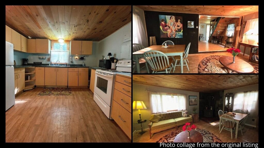 Interior of cabin style cheap farmhouse in Caneadea New York with wood stove and cozy space