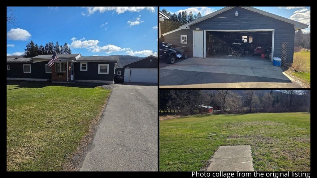 Exterior of farmhouse with land in Cortland New York showing open yard and garage