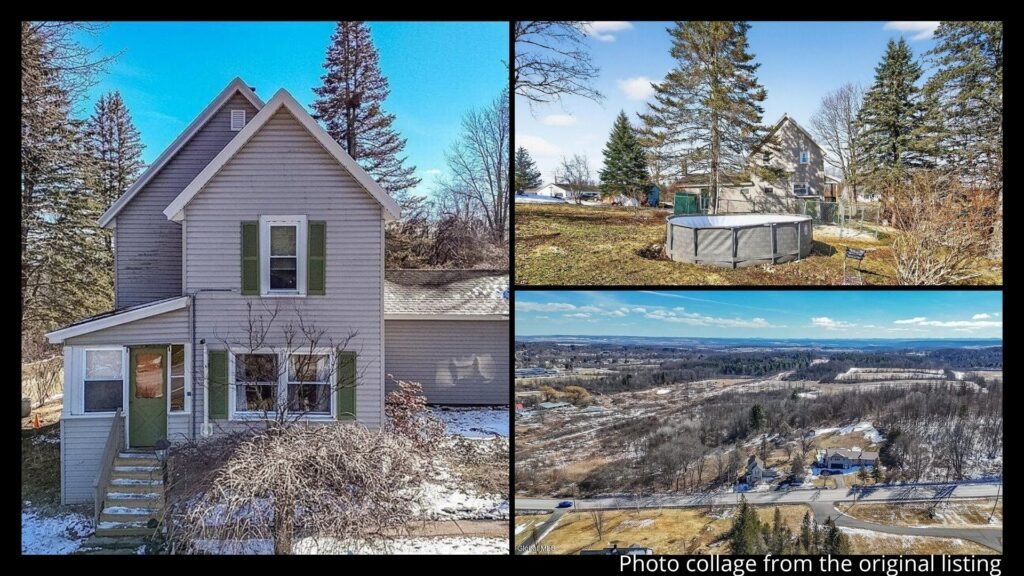 Exterior of farmhouse with land in Johnstown New York showing 13 acres and open landscape