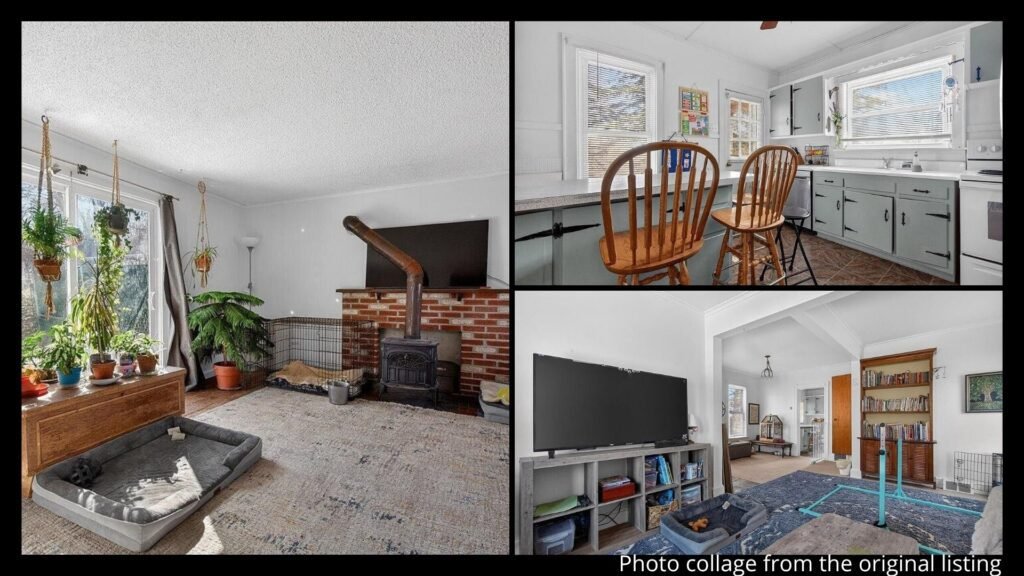 Interior of cheap farmhouse in Johnstown New York with wood stove and spacious layout