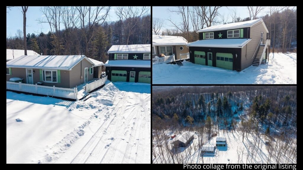 Exterior of farmhouse with land in Naples New York showing flat land and barn garage