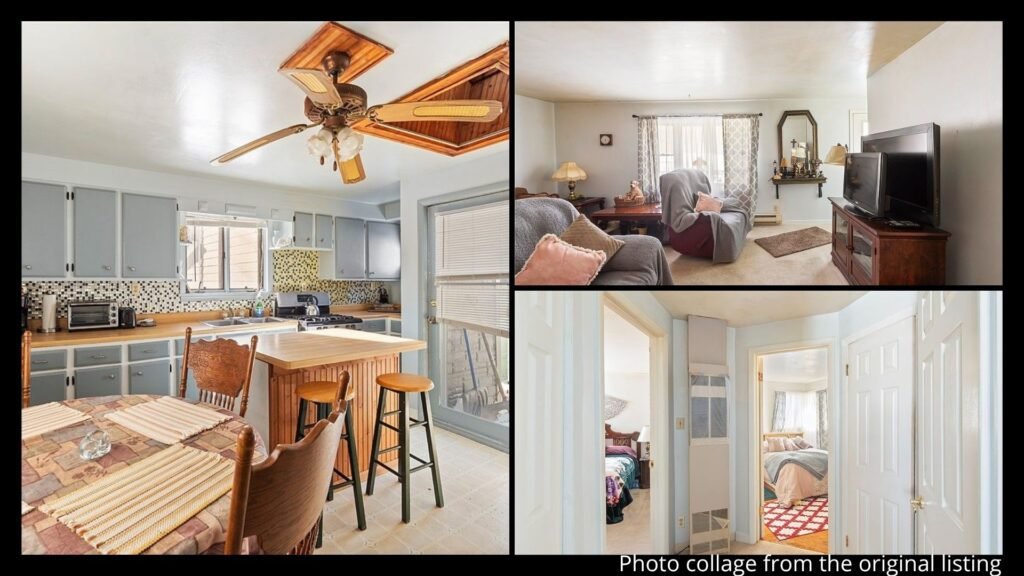 Interior of cheap farmhouse in Naples New York with bright kitchen and skylights