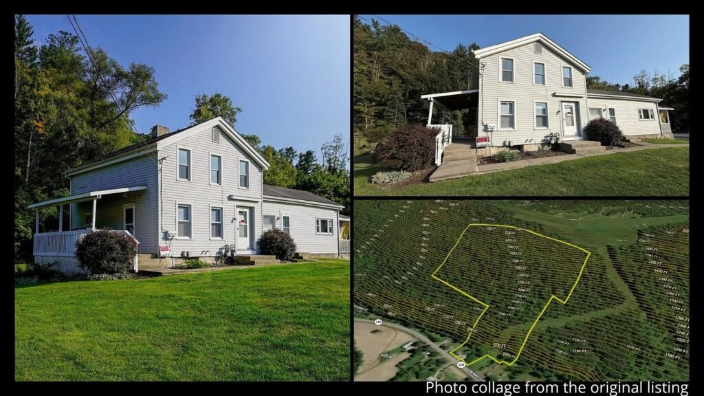 Exterior of farmhouse with land in Pine City New York showing 32 acres and wooded landscape