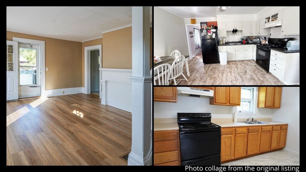 Interior of cheap farmhouse in Pine City New York with updated floors and natural light