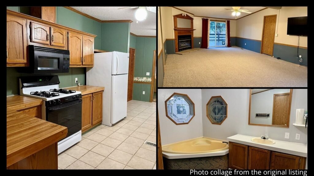 Interior of cheap farmhouse in Richfield Springs New York with fireplace and single level layout