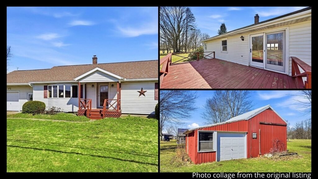 Exterior of farmhouse with land in South Dayton New York showing deck and backyard