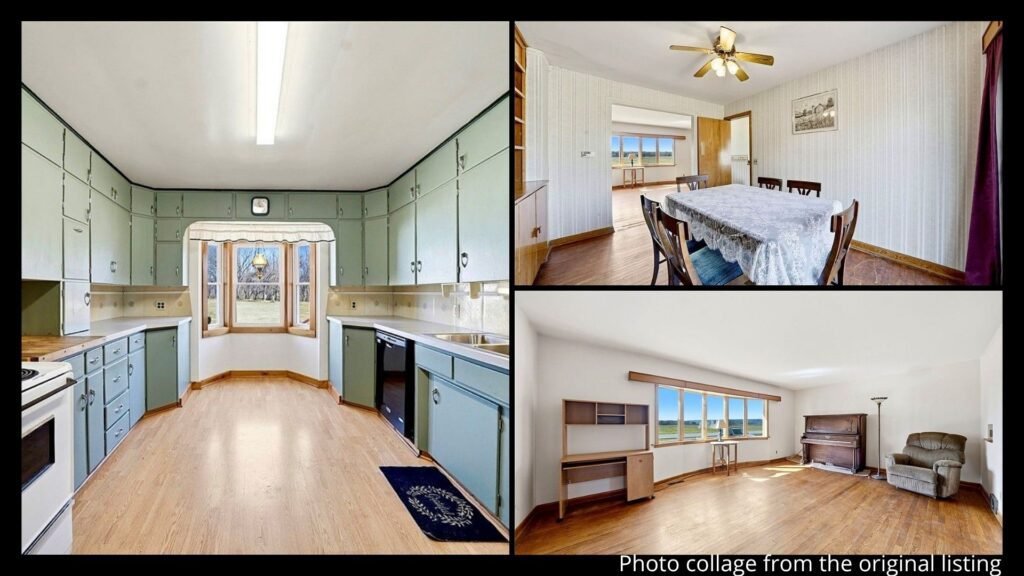 Interior of cheap farmhouse in South Dayton New York with hardwood floors and simple layout
