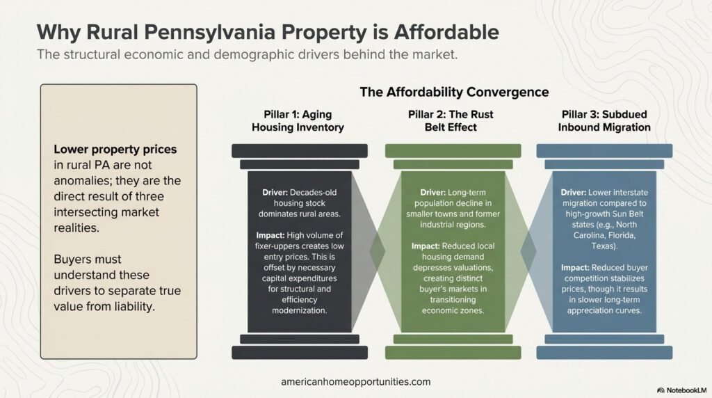 Infographic explaining why rural Pennsylvania property is cheap, featuring housing age, population trends, and market demand.
