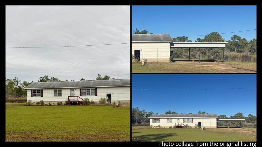 Exterior collage showing the land, outbuildings, and natural surroundings of a rural home for sale in Lowland, North Carolina