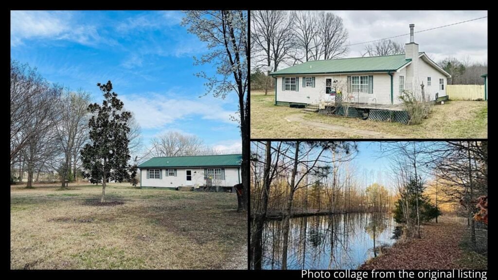 Exterior collage showing the two ponds, land, carport, and storage shed of a rural home for sale in Middleton, Tennessee