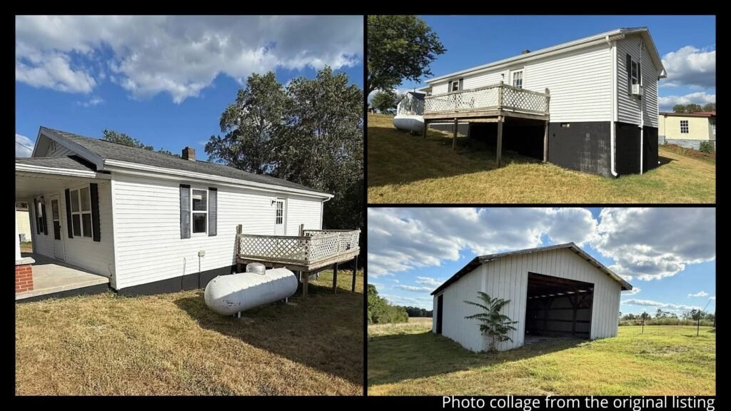 Exterior collage showing the barn, land, and outdoor 
                   areas of a rural farmhouse for sale in Elk Horn, Kentucky