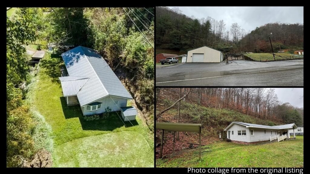 Exterior collage showing the 1,400 sqft metal garage, wooded acreage, and buildable lot of a rural property for sale in Fedscreek, Kentucky