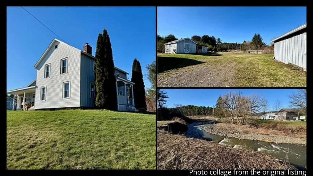 Exterior collage showing the stream, insulated shed, and 7.47 acres of a historic farmhouse for sale in Afton, New York