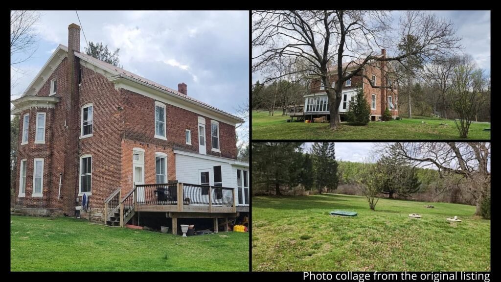 Exterior collage showing the brick turrets, stream, enclosed porch, and 8 acres of a historic farmhouse for sale in Huntingdon, Pennsylvania